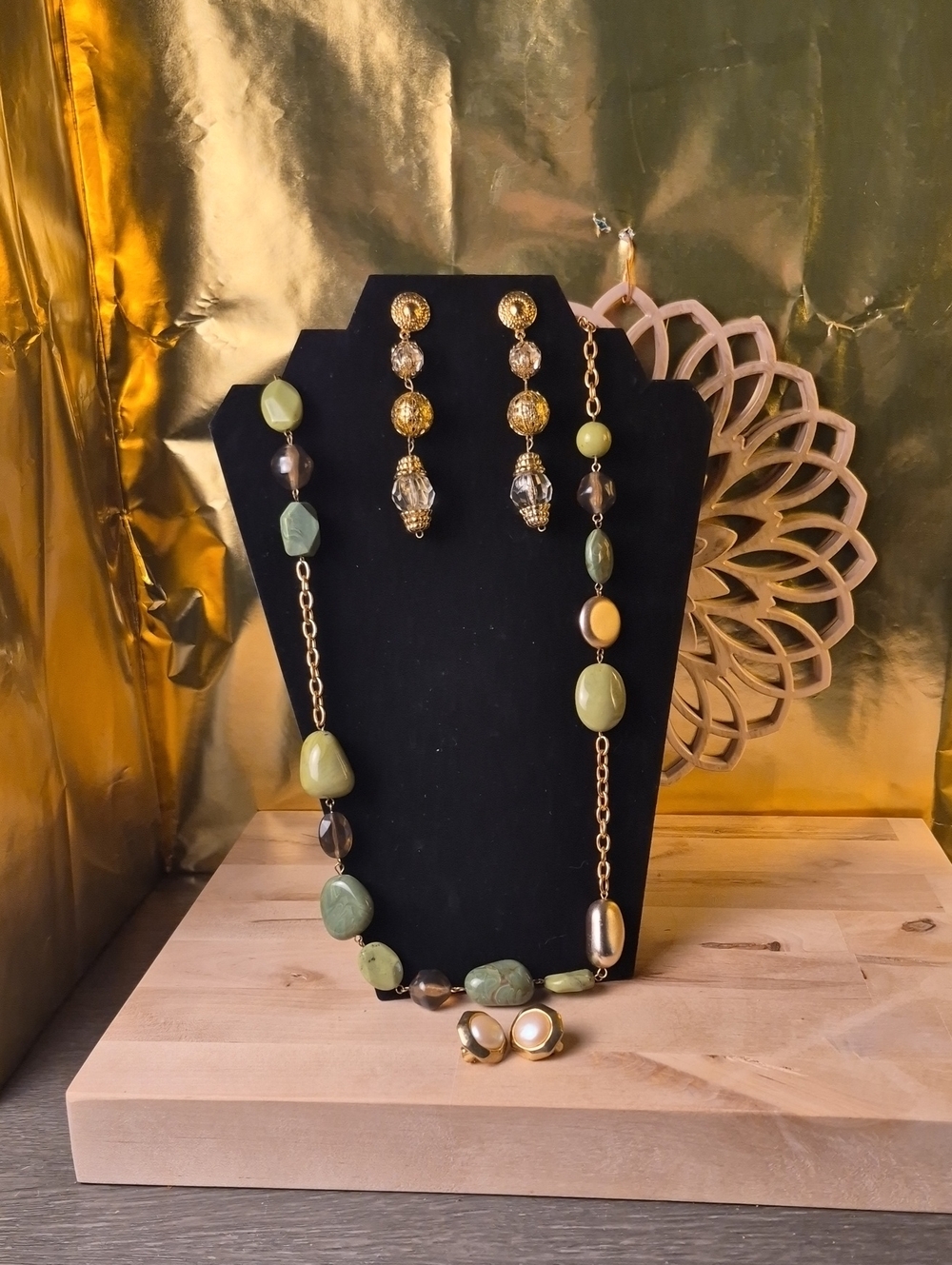 Green Bead Necklace and SEPARATE Earrings Set with Gold Accents